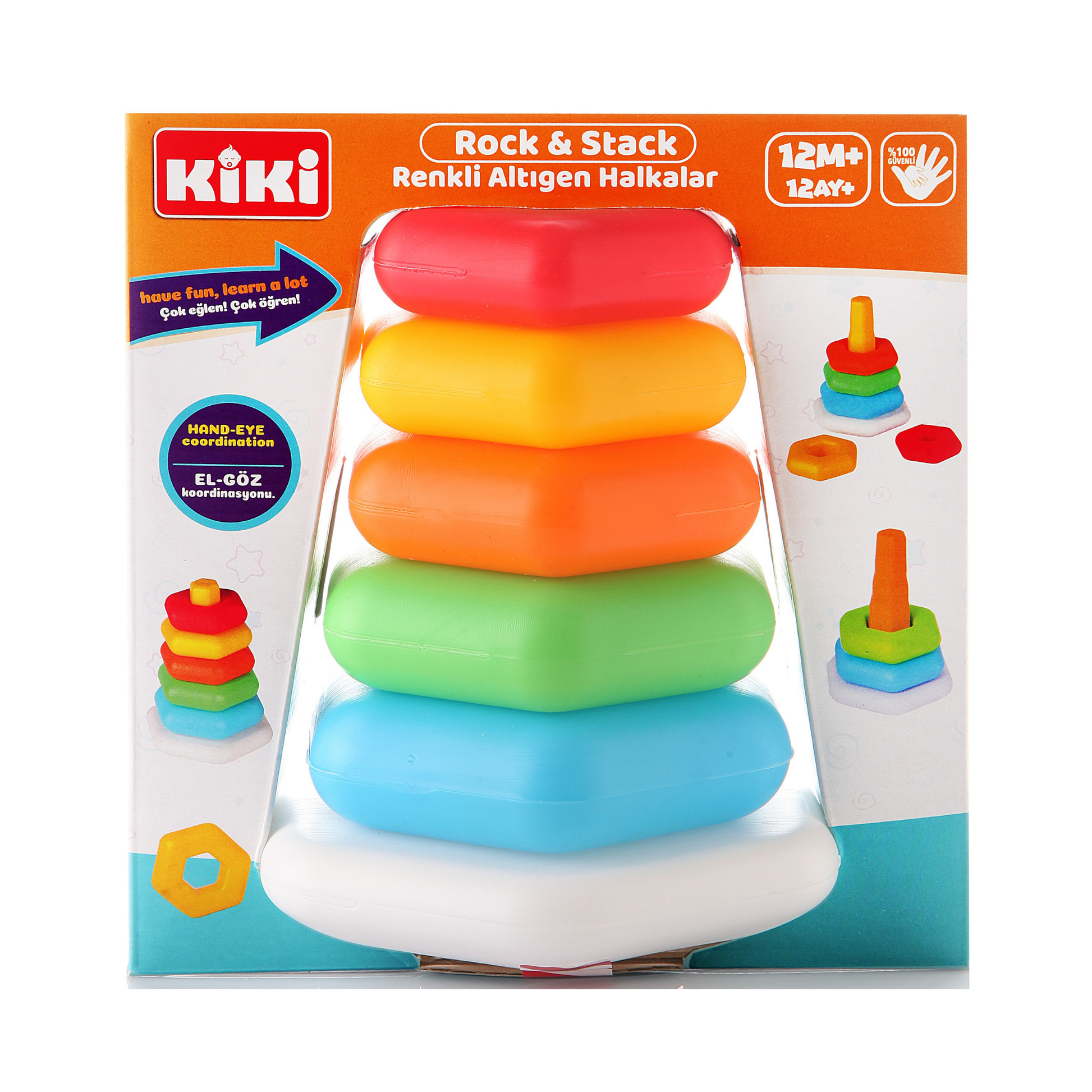 Çubuğa Geçen Renkli Çıngıraklı Altıgen Halkalar Kutuda