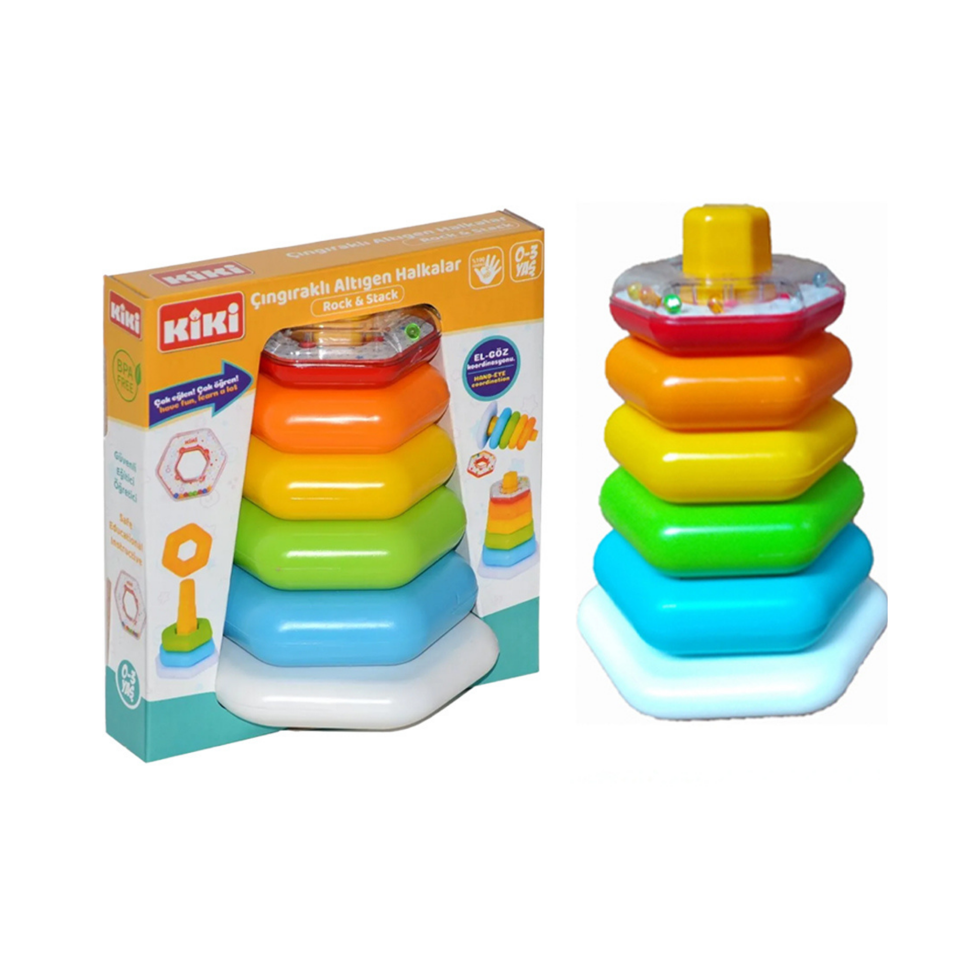 Çubuğa Geçen Renkli Çıngıraklı Altıgen Halkalar