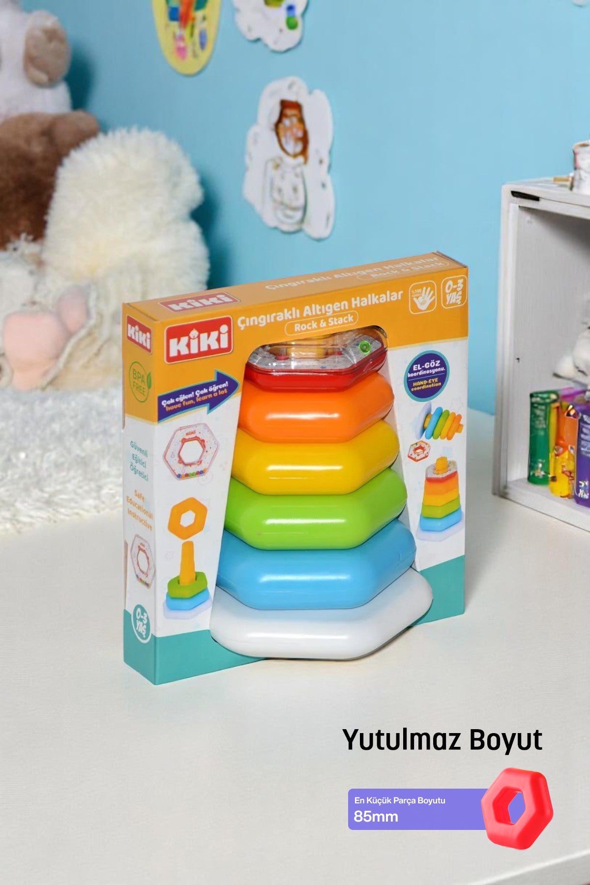 Çubuğa Geçen Renkli Çıngıraklı Altıgen Halkalar