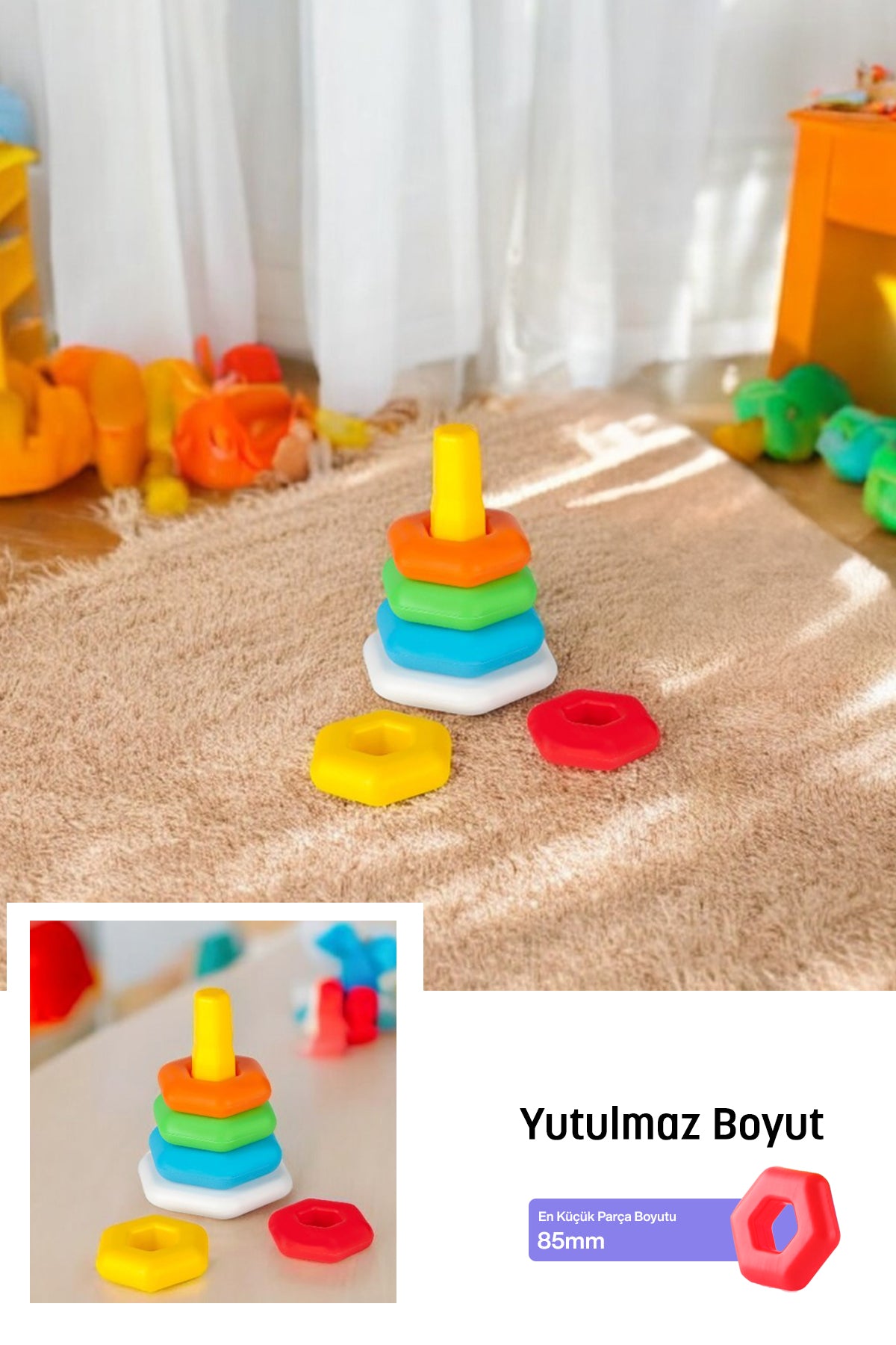 Çubuğa Geçen Renkli Çıngıraklı Altıgen Halkalar Kutuda